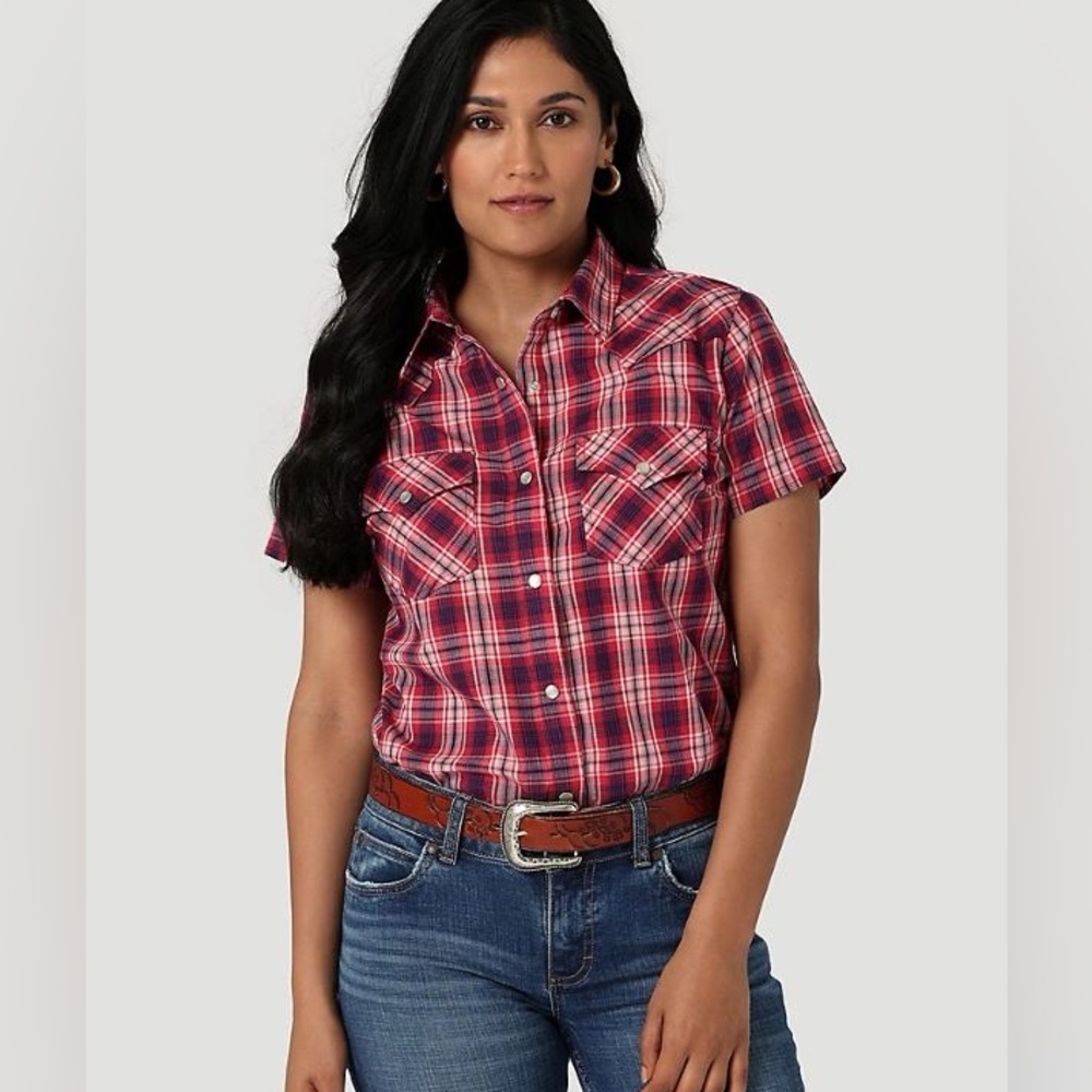Wrangler Farmgirl WOMEN'S ESSENTIAL SHORT SLEEVE PLAID WESTERN Pearl SNAP TOP